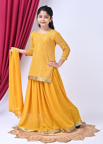 SPAMitude - Georgette Sequin Lehenga Kurta, Skirt and Dupatta Set for Girls – Ethnic Party Dress I Birthday Dress I Trendy Classic I Round Neck Full Sleeves (Yellow, 12 to 13 Years)