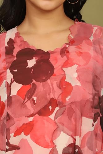 W for Woman Crimson Red Bold Floral Printed Organza Flared Kurta, Pants and Dupatta Set (Size: M)-WS12238-125263