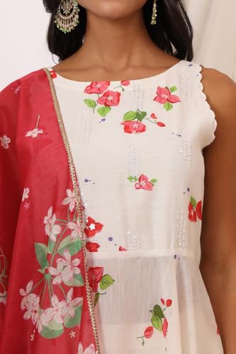 W for Woman White Bold Floral Printed Sleeveless Chanderi Anarkali Kurta with Pants and Red Printed Dupatta Set (Size: XL)-WS12495-125423
