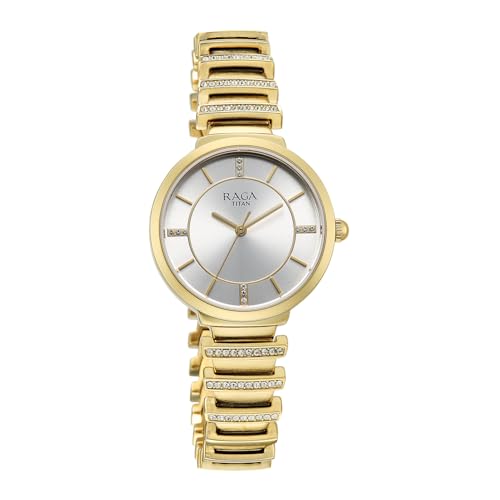 Titan Raga Spotlight with Quartz Analog Silver Dial Gold Brass Strap Watch for Women - 95431YM01