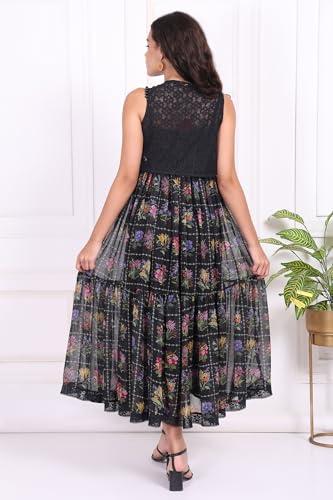 W for Woman Black Floral Printed Poly Georgette Flared Dress with Embroidered Waist Coat Set - (W12969-125847-S)