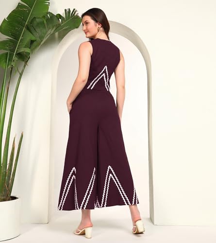 DEEBACO Women's Solid Lycra Ankle Length Waist Coat with Palazzo|V-Neck|Cord Set for Women Fashion|Long Jumpsuits Western Dress for Women Stylish|Two Piece Co ord Set|Casual Wear(DBCO00002278_L_Wine)
