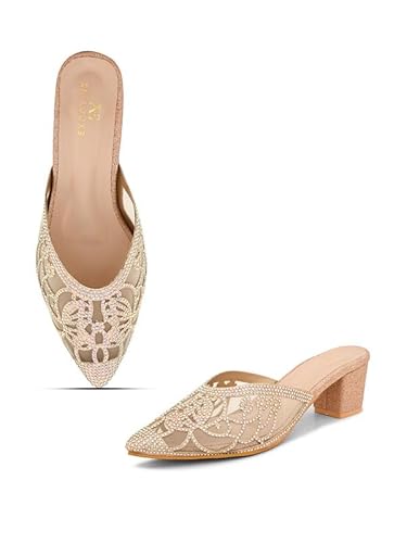 XE Looks Women's Gold Embellished Mesh Mules | Pointed Toe Block Heels with Rhinestone Detailing | Embellishments with Transparent Heel For Girls & Women