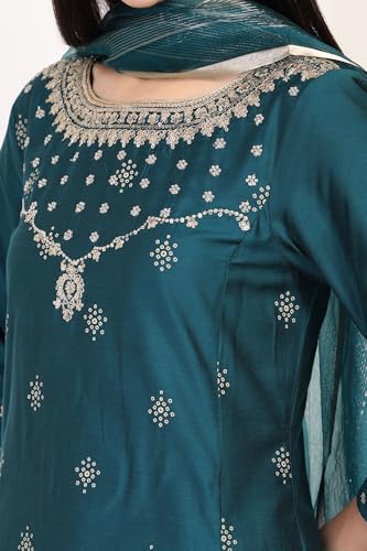 W for Woman Turquoise Embroidered Zari Sequined Straight Silk Blend Kurta with Straight Pant and Dupatta Set (WS13398-126896-M)
