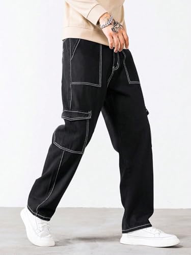 KOTTY Men's Solid Loose Fit Street Style Utility Wear Baggy Cargo Jeans(Black,28)