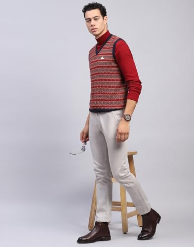 Monte Carlo Mens Striped Maroon V Neck Sleeveless Sweater (1239219SL-1-46)
