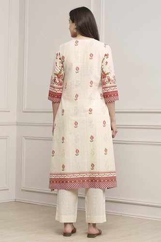 Biba Women Off White Cotton Printed Straight Suit Set_32