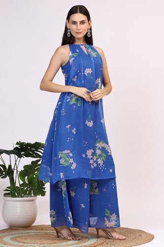 W for Woman Blue Floral Printed Halter Neck Chiffon Kurta with Flared Pants and Dupatta Set (Size: L)-WS12494-125435