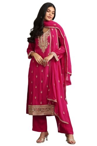 Soch Womens Fuchsia Chinon Ethnic Motifs Zari Embroidered Salwar Suit With Sequins