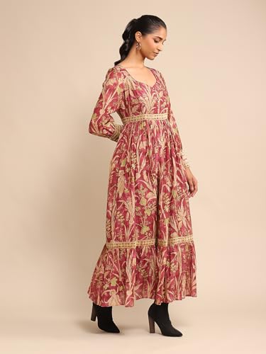 Ritu Kumar Wine Botanical Print Chanderi Dress