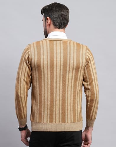 Monte Carlo Mens Striped Beige V Neck Full Sleeve Pullover Sweater (1243196VN-2-44)