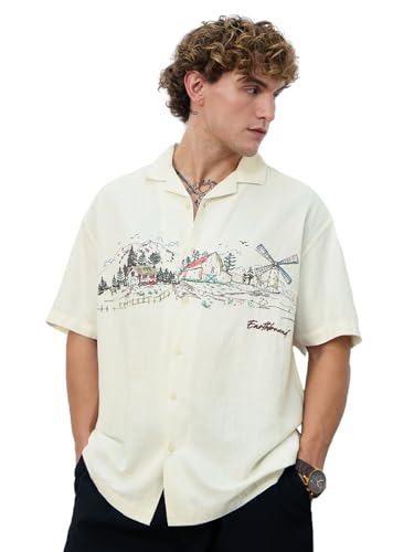 The Souled Store Earthbound Hawaiian Shirt: Men and Boys Short Sleeves Collared Neck Embroidered Cotton Blend Oversized Casual Shirt |Cream, XS