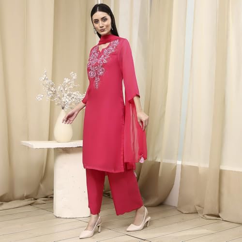BIBA Women Fuchsia Embroidered Straight Suit Set_36