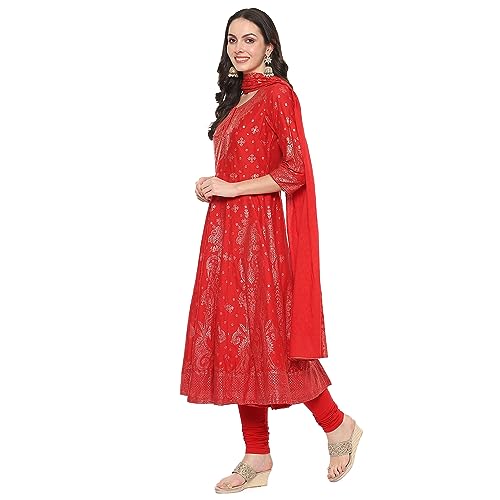 BIBA Cotton Women Printed Anarkali Salwar Kurta Dupatta(Skdgold Mur9148_Red_34)