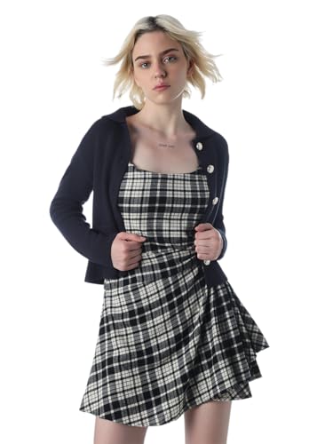 ONLY Women's Checked Fit and Flare Black Dress
