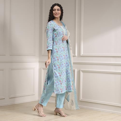 Biba Women Turquoise Chanderi Handloom Unstitched Suit Set FREE SIZE