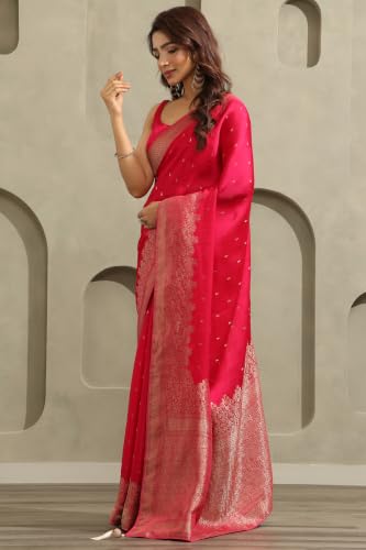 Soch Womens Fuchsia Satin Botanical Zari Woven Saree