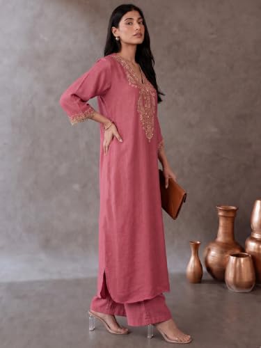 Varanga Women Kaftan Kurta Trousers Set V Neck Short Sleeves Silk Blend
