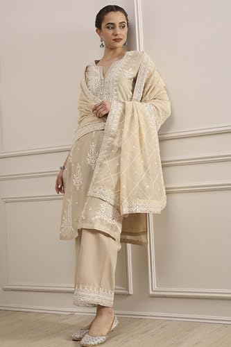 Biba Women Natural White Chanderi Straight Dyed Suit Set_38