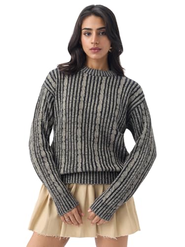 The Souled Store Cable-Knit Sweater: Hazel Noir Women and Girls Full Sleeves Round Neck Black and Beige Textured Acrylic Lightweight Oversized Pullover Sweater