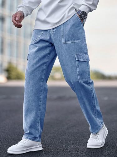 KOTTY Men's Solid Loose Fit Street Style Utility Wear Baggy Cargo Jeans(Blue,32)