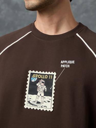 The Souled Store NASA: Man On The Moon Men and Boys Short Sleeve Round Neck Dark Brown Embellished Casual Lightweight Drop Shoulder Streetwear Trendy Oversized T-Shirts