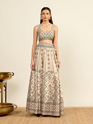 Aarke Ritu Kumar Ecru Round Neck Blouse With Lehenga And Dupatta