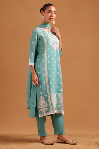 Soch Womens Turquoise Blue Chanderi Embroidered Botanical Chikankari Embroidery Salwar Suit