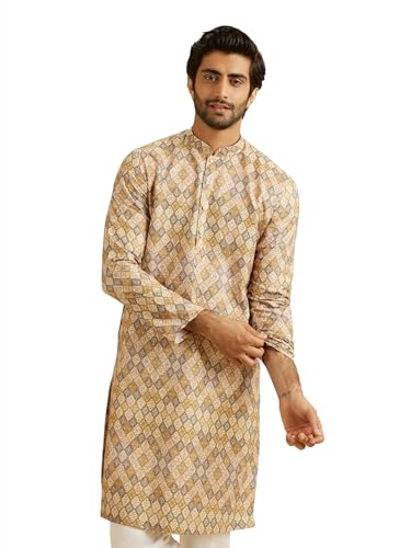Manyavar Men's Viscose Blend Print Long Kurta (Fawn,XL)