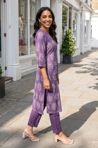 W for Woman Purple Floral Printed Rayon A-Line Kurta with Pants Co-ord Set - (WS14519K-128181-XS)