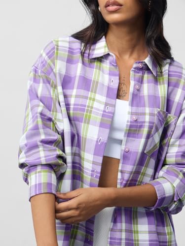 The Souled Store Plaid Shirt: Lilac Women and Girls Long Sleeves Collared Neck Button Front Purple Cotton Boyfriend Shirts
