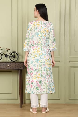 White Floral and Bird Printed Straight Kurta with Scalloped Neckline_24AUSTW10592-121987_XS