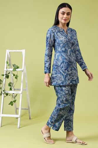 W for Woman Blue Floral Printed Pure Cotton Tunic and Pants Co-ord Set (Size: XS)-WS31228-124187