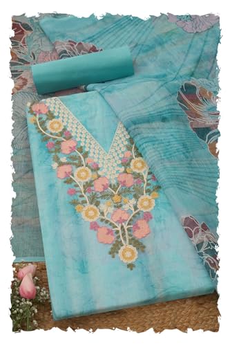 Soch Womens Powder Blue Linen Blend Floral Print Unstitch Dress Material With Thread Work