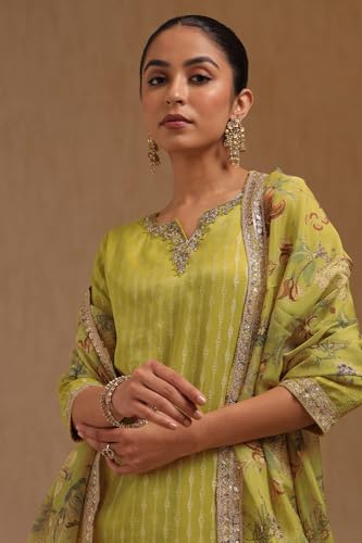 Soch Womens Yellow Tissue Zari Woven Suit Set Sequins