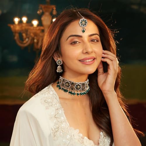 ACCESSHER green-white choker set features pearls, American Diamonds, matching maangtika, earrings with Transparent earrings supporter sticker and Mangtikka Support Patch