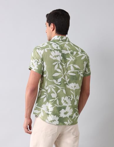 U.S. POLO ASSN. Denim Co. Men's Green Floral Printed Spread Collar Half Sleeve Casual Cotton Regular Fit Shirt (UDSHT1506_Green_39)