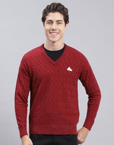 Monte Carlo Plum Self Design V Neck Pullover | Warm Woolen Pullover for Men | Soft Comfortable Knitted Winter Wear Sweater for Men's