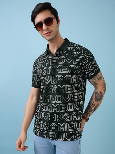 Status Quo Men's Typography Printed Polo Collar Half Sleeves Regular Fit Tshirt | Polo Collar | Pure Cotton | B Green | 3XL Size