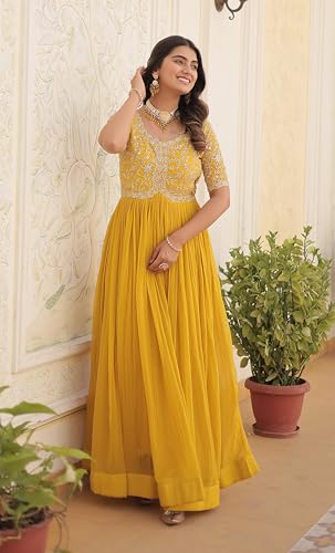 Fashion Basket Georgette Embroidered Anarkali Gown for Women Yellow