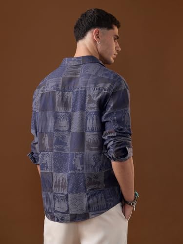 The Souled Store Nomad: Viking Men and Boys Long Sleeve Spread Collar Dark Blue Abstract Print Casual Trendy Holiday Ready Easy to Style Cotton Relaxed Shirt