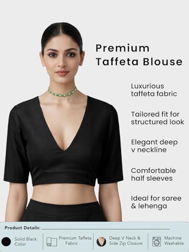 Thevasa Women's Taffeta Deep V Blouse (Taffeta Black, 44)