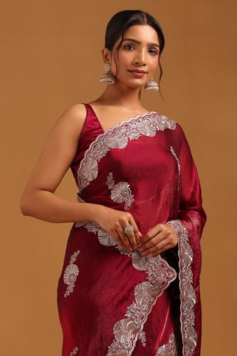 Soch Womens Wine Organza Floral Saree With Zari Embroidery and stone work