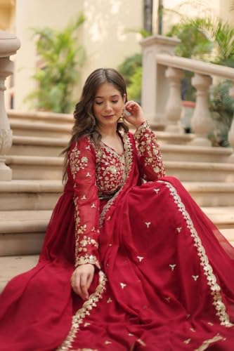 Women's Maroon Anarkali Gown with Gold Embroidery, Traditional Wedding Party Dress, Long Floor Length (in, Alpha, M, Regular)