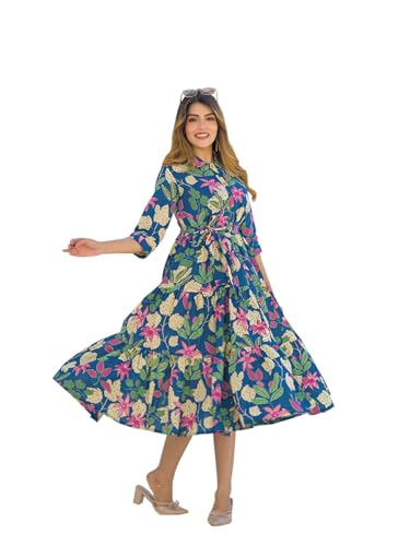 Divena Blue Cotton Shirt Coller Midi Dress