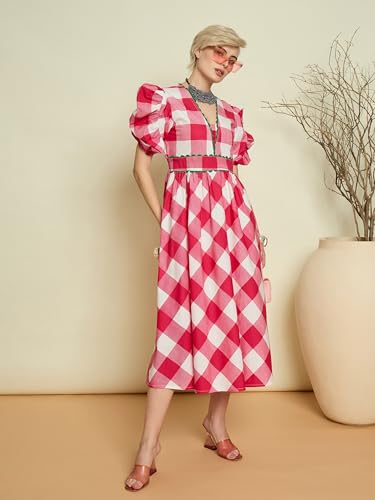 Pink Paprika by Sassafras Women's Pink Big Check A-Line Midi Dress-M