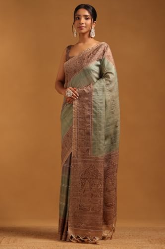 Soch Womens Light Green Tussar Ethnic Motifs Saree With Kantha Embroidery
