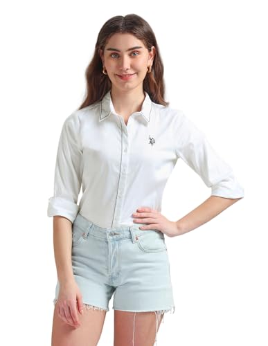 U.S. POLO ASSN. Women's Contrast Saddle Stitch Cotton Shirt (UWSS24SH136_White_XS)