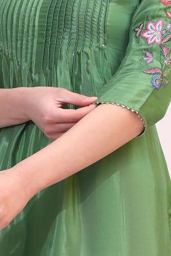 W for Woman Forest Gren Solid Floral Embroidered Shantung Kurta, Pants and Dupatta Set (Size:2XL)-WS19722