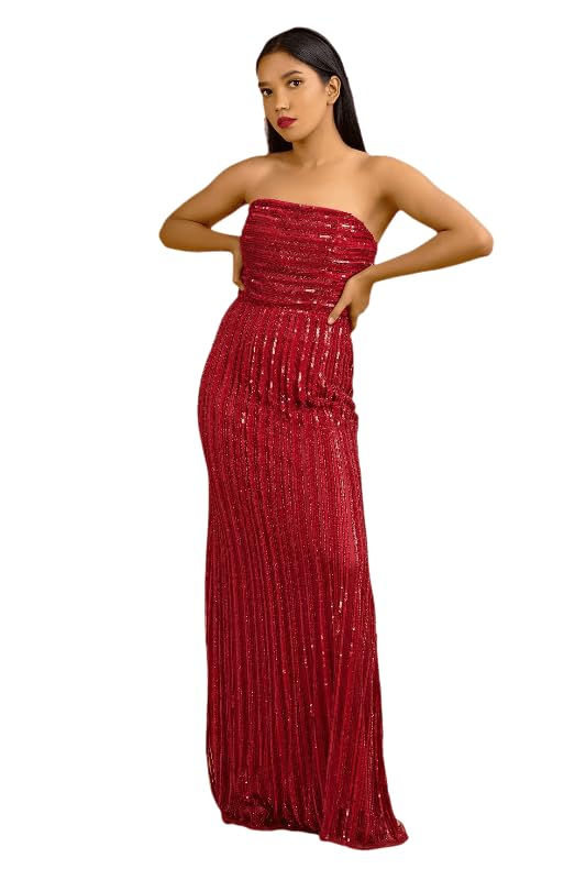 HarLiv Red tube neckline straight flow gown with all over sequins embroidery
